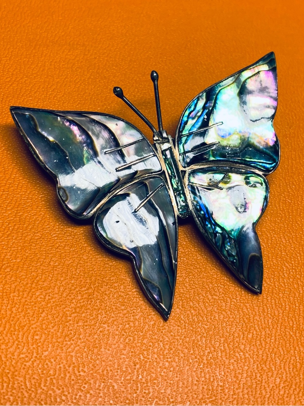 Vintage Sterling Silver Iridescent Abalone Shell Butterfly Pin with Hallmarks.